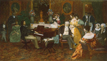 Oil by Hendryk Siemiradzki (1887), depicting the Polish composer Frédéric Chopin playing his works before the aristocratic Polish family Radziwiłłs in 1829.